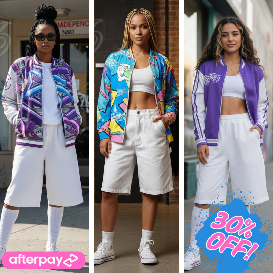 Three women wearing Stykonz, Graffiti Bomber Jackets and white shorts with a '30% Off' offer and Afterpay logo.