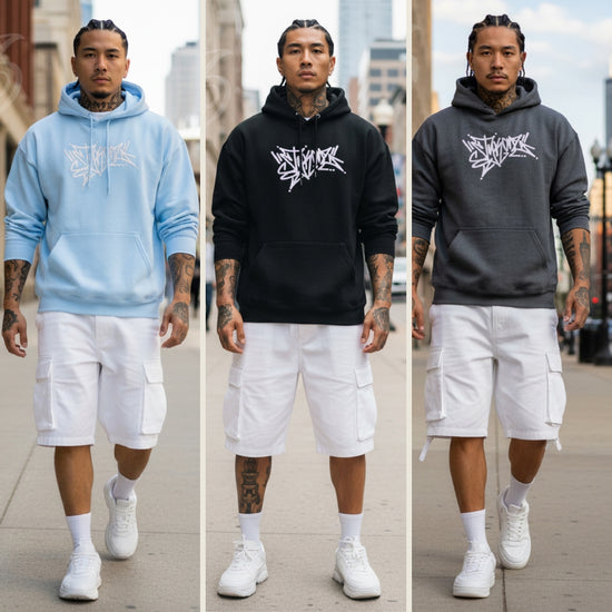 Three images of a person wearing different colored hoodies with a logo, paired with white shorts and sneakers.