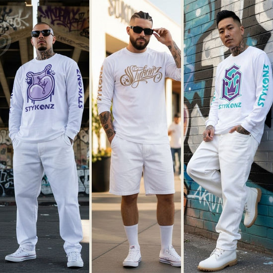 Three men wearing white outfits with branded Stykonz designs in an urban setting.
