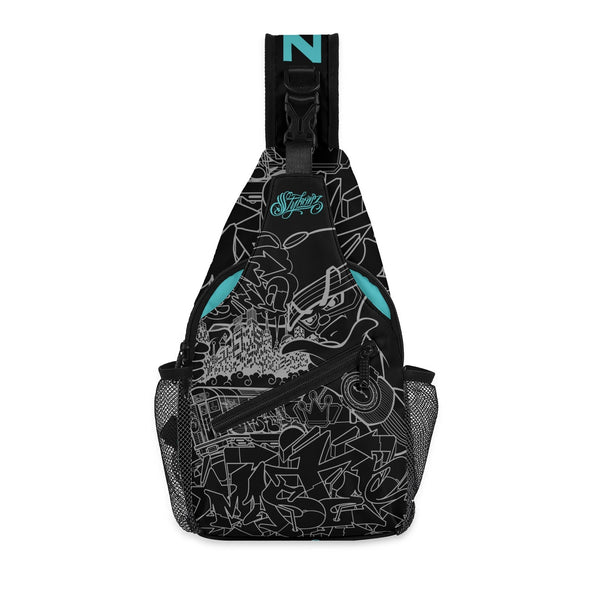 AOP Graffiti Chest Crossbody Bag Blk Turquoise Ghost | Hip - Hop Streetwear Bag - Stykonz Graffiti Streetwear