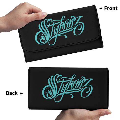 Durable Trifold Graffiti Leather Long Wallet feat Stykonz Turquoise on Black | Graffiti Wallet - Stykonz Graffiti Streetwear