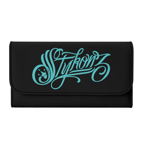 Durable Trifold Graffiti Leather Long Wallet feat Stykonz Turquoise on Black | Graffiti Wallet - Stykonz Graffiti Streetwear