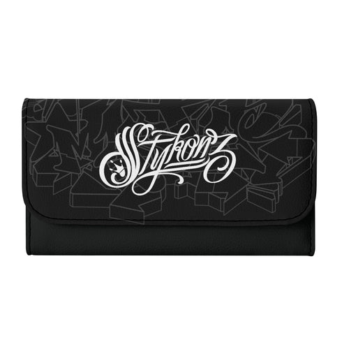 Durable Trifold Leather Long Wallet feat Graffiti Stykonz White on Black | Graffiti Wallet - Stykonz Graffiti Streetwear