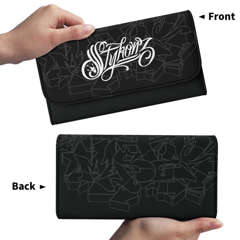 Durable Trifold Leather Long Wallet feat Graffiti Stykonz White on Black | Graffiti Wallet - Stykonz Graffiti Streetwear