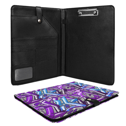 Foldable Leather Portfolio Organizer with Clipboard feat Purple Wildstyle Graffiti - Stykonz Graffiti Streetwear