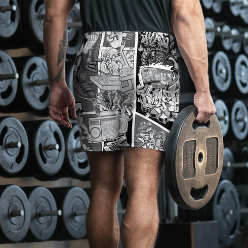 Graffiti Athletic Long Shorts – B&W Comic Stykonz 1 | Hip - Hop Streetwear Shorts - Stykonz Graffiti Streetwear