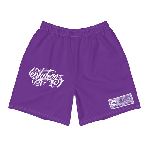Graffiti Athletic Long Shorts - Stykonz Purple and White Throwup Script | Hip - Hop Streetwear Shorts - Stykonz Graffiti Streetwear