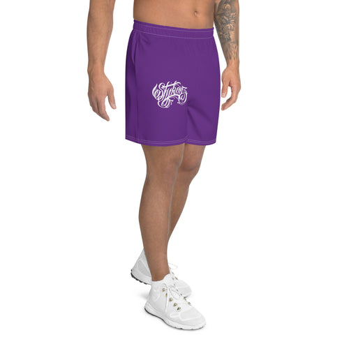 Graffiti Athletic Long Shorts - Stykonz Purple and White Throwup Script | Hip - Hop Streetwear Shorts - Stykonz Graffiti Streetwear