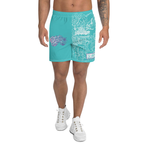 Graffiti Athletic Long Shorts – Turquoise Mix Script | Hip - Hop Streetwear Shorts - Stykonz Graffiti Streetwear