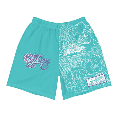 Graffiti Athletic Long Shorts – Turquoise Mix Script | Hip - Hop Streetwear Shorts - Stykonz Graffiti Streetwear
