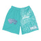 Graffiti Athletic Long Shorts – Turquoise Mix Script | Hip - Hop Streetwear Shorts - Stykonz Graffiti Streetwear