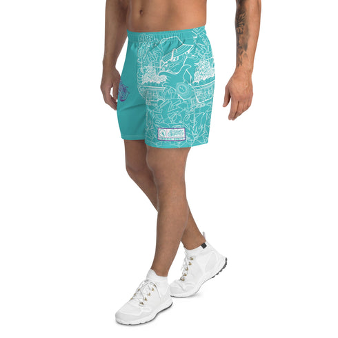 Graffiti Athletic Long Shorts – Turquoise Mix Script | Hip - Hop Streetwear Shorts - Stykonz Graffiti Streetwear
