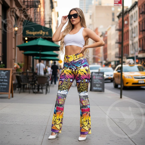 Graffiti Fleggings – Comic Stykonz 1 | Hip - Hop Streetwear Flare Leggings - Stykonz Graffiti Streetwear