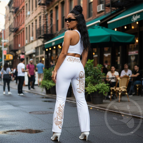 Graffiti Fleggings – Gold Scriptkonz | Hip - Hop Streetwear Flare Leggings - Stykonz Graffiti Streetwear