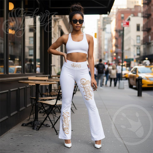 Graffiti Fleggings – Gold Scriptkonz | Hip - Hop Streetwear Flare Leggings - Stykonz Graffiti Streetwear