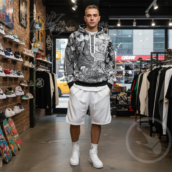 Men’s Graffiti AOP Hoodie – B&W Comic Stykonz 1 | Hip - Hop Streetwear Hoodie - Stykonz Graffiti Streetwear