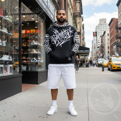 Men’s Graffiti AOP Hoodie – Stykonz White on Black Style Master Tag | Hip - Hop Streetwear Hoodie - Stykonz Graffiti Streetwear