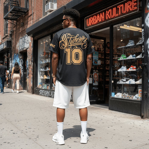 Men’s Graffiti Baseball Jersey – Gold Scriptkonz | Hip - Hop Streetwear Jersey - Stykonz Graffiti Streetwear