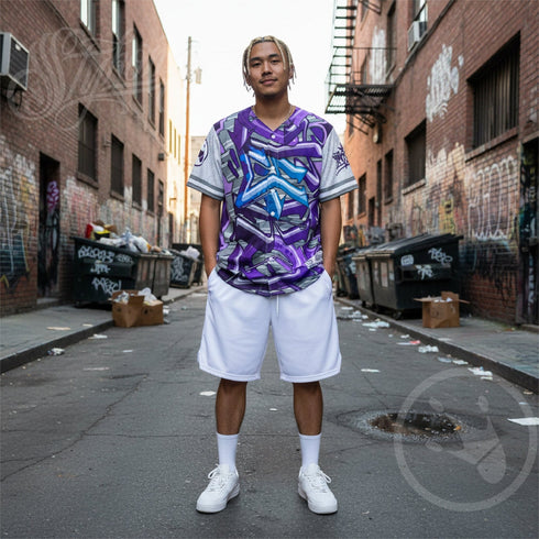 Men’s Graffiti Baseball Jersey – Purple Wildstyle | Hip - Hop Streetwear Jersey - Stykonz Graffiti Streetwear