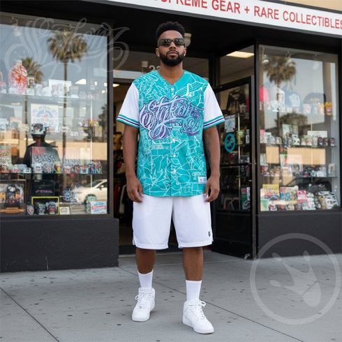 Men’s Graffiti Baseball Jersey – Turquoise Mix Script | Hip - Hop Streetwear Jersey - Stykonz Graffiti Streetwear