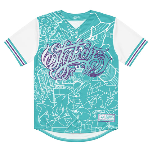 Men’s Graffiti Baseball Jersey – Turquoise Mix Script | Hip - Hop Streetwear Jersey - Stykonz Graffiti Streetwear