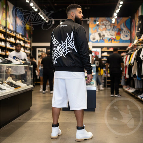 Men’s Graffiti Bomber Jacket – Black Style Master Tag | Hip - Hop Streetwear Jacket - Stykonz Graffiti Streetwear
