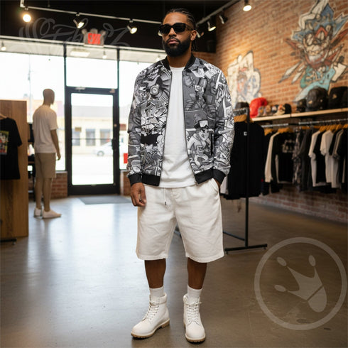 Men’s Graffiti Bomber Jacket – B&W Comic Stykonz 1 | Hip - Hop Streetwear Jacket - Stykonz Graffiti Streetwear