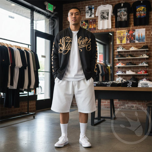 Men’s Graffiti Bomber Jacket – Gold Scriptkonz | Hip - Hop Streetwear Jacket - Stykonz Graffiti Streetwear