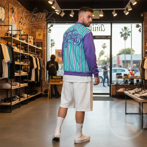 Men’s Graffiti Bomber Jacket – Stykonz Candy Turquoise Script | Hip - Hop Streetwear Jacket - Stykonz Graffiti Streetwear