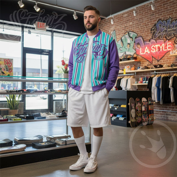 Men’s Graffiti Bomber Jacket – Stykonz Candy Turquoise Script | Hip - Hop Streetwear Jacket - Stykonz Graffiti Streetwear