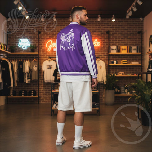 Men’s Graffiti Bomber Jacket – Stykonz Purple & White Throwup Script | Hip - Hop Streetwear Jacket - Stykonz Graffiti Streetwear