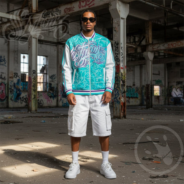 Men’s Graffiti Bomber Jacket – Turquoise Mix Script | Hip - Hop Streetwear Jacket - Stykonz Graffiti Streetwear