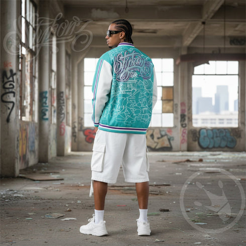 Men’s Graffiti Bomber Jacket – Turquoise Mix Script | Hip - Hop Streetwear Jacket - Stykonz Graffiti Streetwear