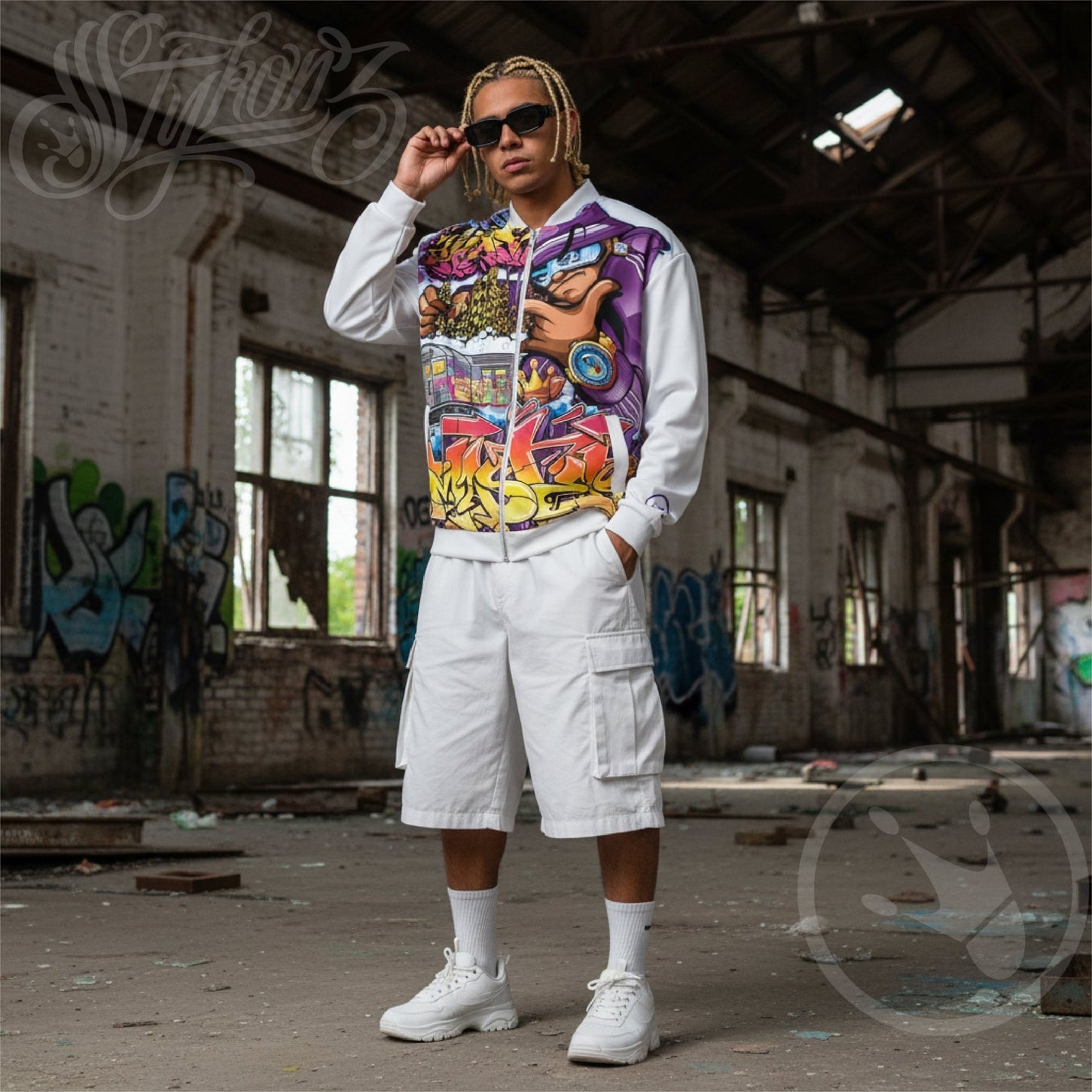 Men’s Graffiti Bomber Jacket – White The Train Master NY Wildstyle | Hip - Hop Streetwear Jacket - Stykonz Graffiti Streetwear