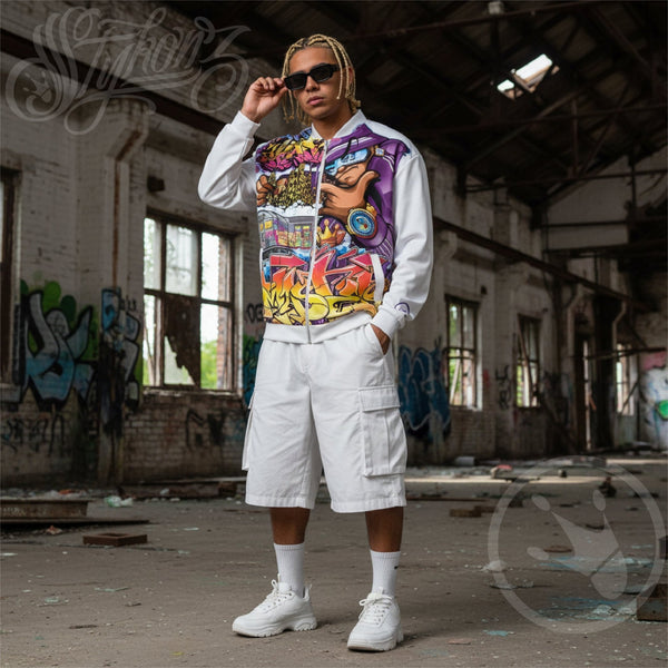 Men’s Graffiti Bomber Jacket – White The Train Master NY Wildstyle | Hip - Hop Streetwear Jacket - Stykonz Graffiti Streetwear