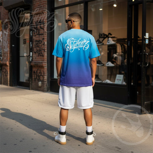 Men's Graffiti Crew Neck T-Shirt White on Blue Scriptkonz | Hip - Hop Streetwear Tee - Stykonz Graffiti Streetwear