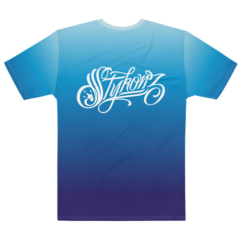 Men's Graffiti Crew Neck T-Shirt White on Blue Scriptkonz | Hip - Hop Streetwear Tee - Stykonz Graffiti Streetwear