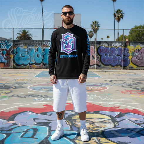 Men's Graffiti Long Sleeve Tee Purple and Blue S - Kingz Crown | Hip - Hop Streetwear Tee - Stykonz Graffiti Streetwear