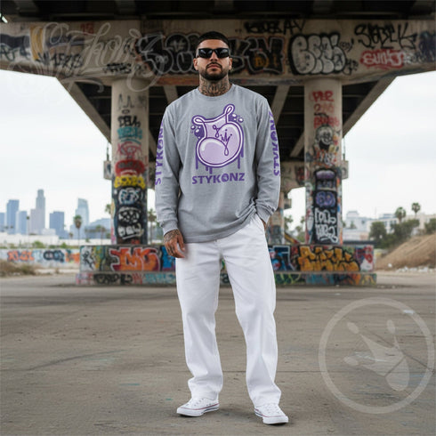 Men's Graffiti Long Sleeve Tee Purple S - Kingz 2Line Throwup | Hip - Hop Streetwear Tee - Stykonz Graffiti Streetwear