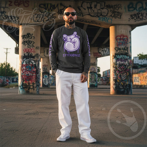 Men's Graffiti Long Sleeve Tee Purple S - Kingz 2Line Throwup | Hip - Hop Streetwear Tee - Stykonz Graffiti Streetwear