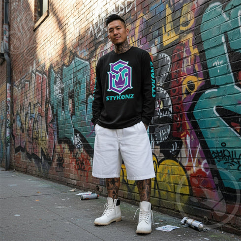Men's Graffiti Long Sleeve Tee Turquoise & Purple S - Kingz Crown | Hip - Hop Streetwear Tee - Stykonz Graffiti Streetwear