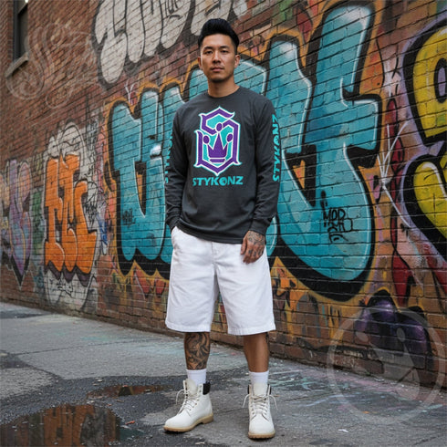 Men's Graffiti Long Sleeve Tee Turquoise & Purple S - Kingz Crown | Hip - Hop Streetwear Tee - Stykonz Graffiti Streetwear