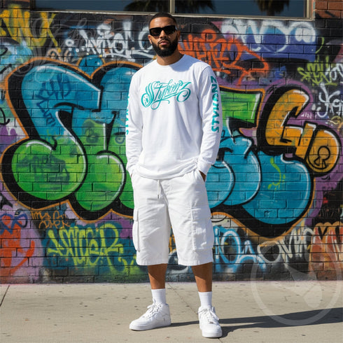 Men's Graffiti Long Sleeve Tee Turquoise Scriptkonz | Hip - Hop Streetwear Tee - Stykonz Graffiti Streetwear
