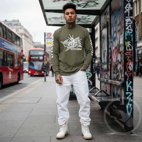 Men's Graffiti Long Sleeve Tee White Stykonz Tag | Hip - Hop Streetwear Tee - Stykonz Graffiti Streetwear