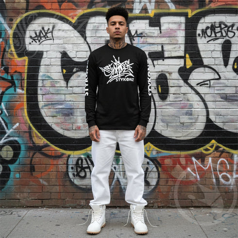 Men's Graffiti Long Sleeve Tee White Stykonz Tag | Hip - Hop Streetwear Tee - Stykonz Graffiti Streetwear