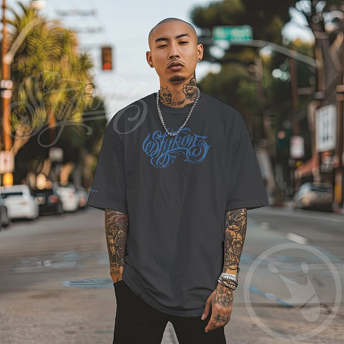 Men's Graffiti Oversized Faded T-Shirt XL Embroidered B - Blue Scriptkonz | Hip - Hop Streetwear T-Shirt - Stykonz Graffiti Streetwear