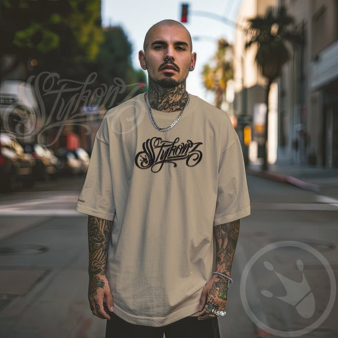 Men's Graffiti Oversized Faded T-Shirt XL Embroidered Black n Gold Scriptkonz | Hip - Hop Streetwear T-Shirt - Stykonz Graffiti Streetwear