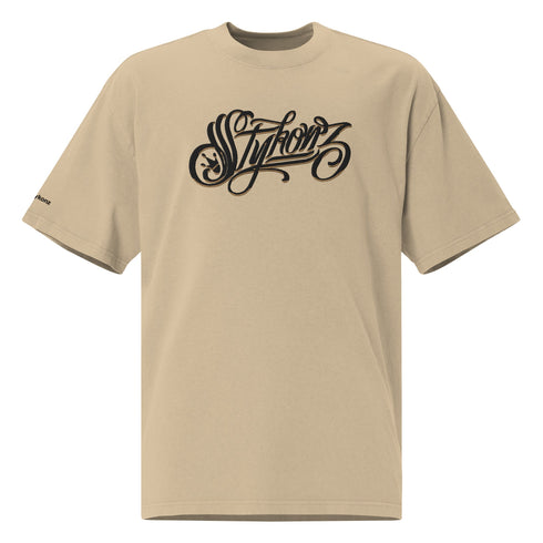 Men's Graffiti Oversized Faded T-Shirt XL Embroidered Black n Gold Scriptkonz | Hip - Hop Streetwear T-Shirt - Stykonz Graffiti Streetwear