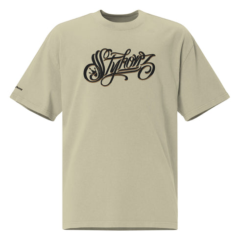 Men's Graffiti Oversized Faded T-Shirt XL Embroidered Black n Gold Scriptkonz | Hip - Hop Streetwear T-Shirt - Stykonz Graffiti Streetwear