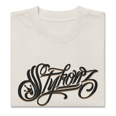 Men's Graffiti Oversized Faded T-Shirt XL Embroidered Black n Gold Scriptkonz | Hip - Hop Streetwear T-Shirt - Stykonz Graffiti Streetwear